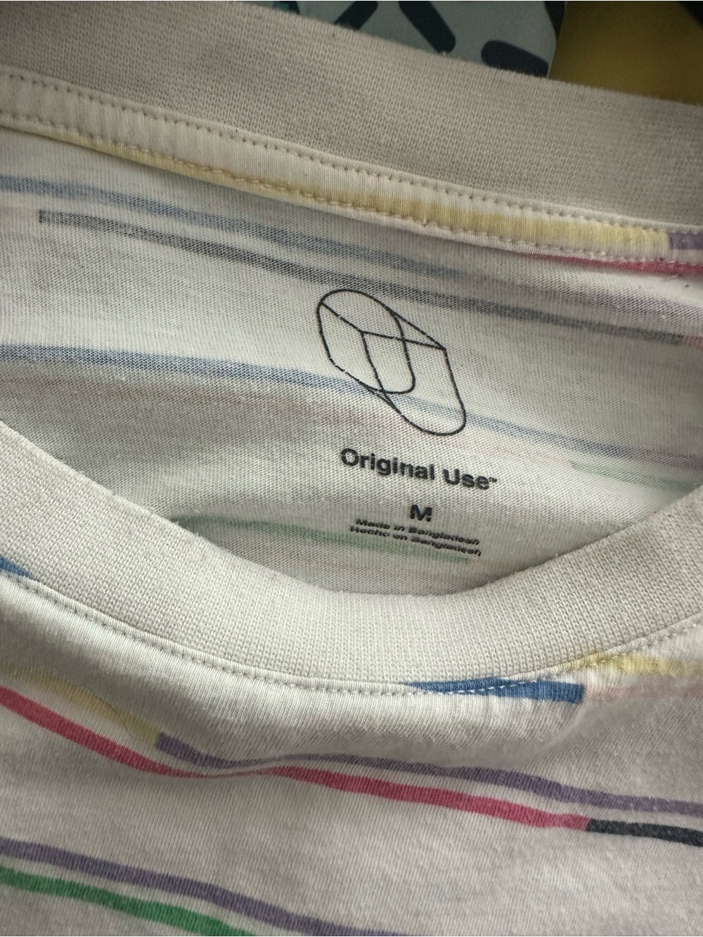Original Use White T-Shirt with Pastel Pink, Blue, Green, Yellow, Purple Stripes